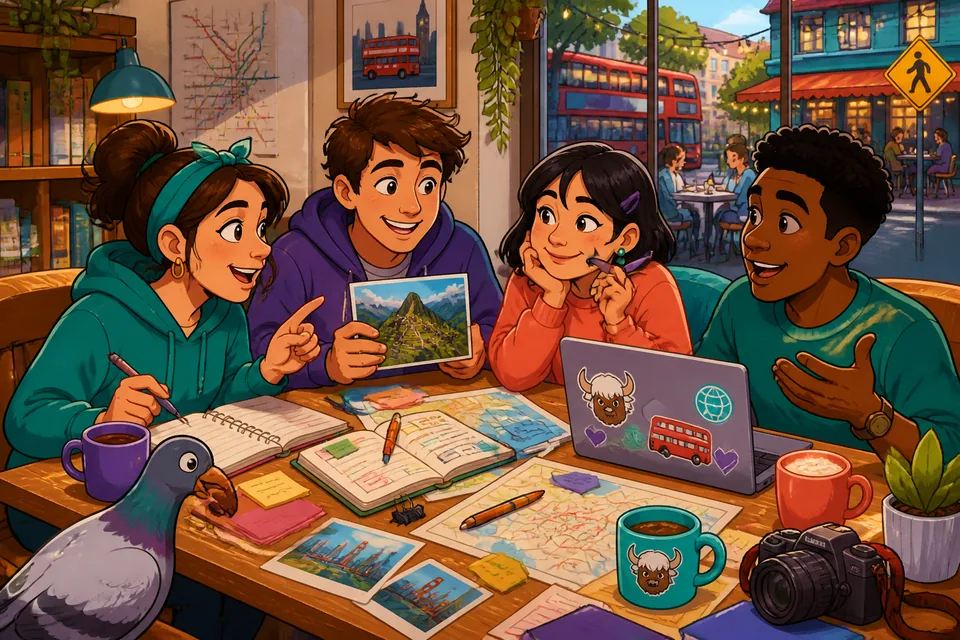 Two friends chatting about travel and childhood memories; practice saying when things happened.