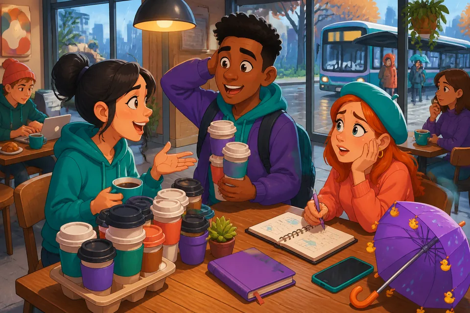 Two friends having a brief conversation in French about a problem and useful information — practicing social reactions.