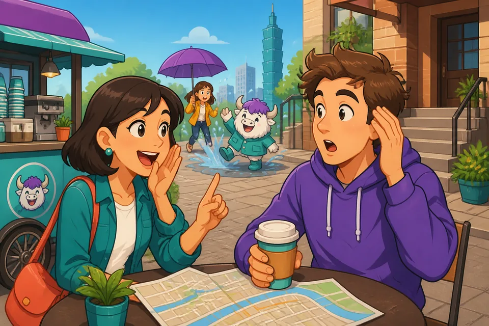 Anna and David reacting with surprise phrases in French during a casual conversation.