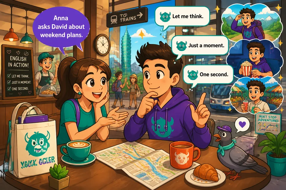 Anna and David speaking in French, using fillers like "Un instant" and "En fait" during a friendly chat.