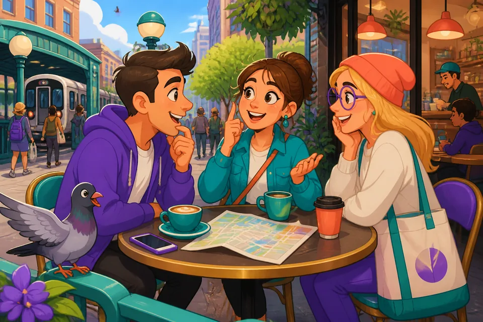 Two friends in a cafe using short French phrases to think and respond naturally.