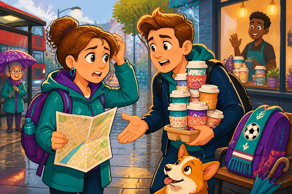 A friendly street scene where a traveler asks a passerby for directions in French.