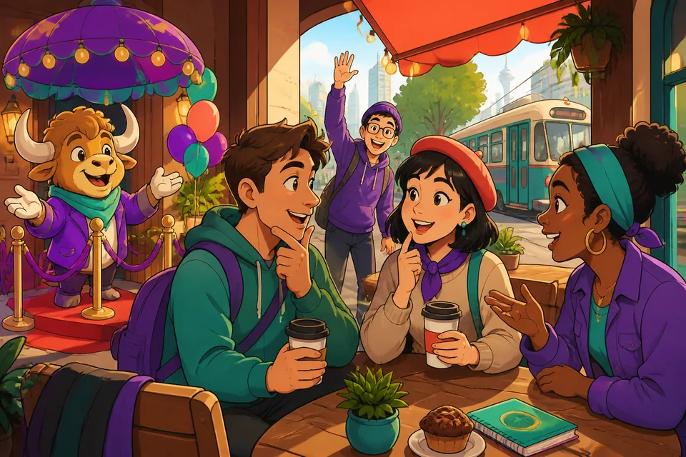 A café scene where learners hear short French phrases used to buy time, correct, and soften statements.