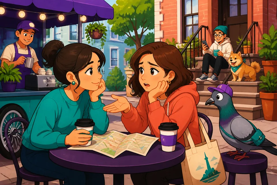 A calm café scene for practicing French empathy phrases like listening and reassuring a friend.