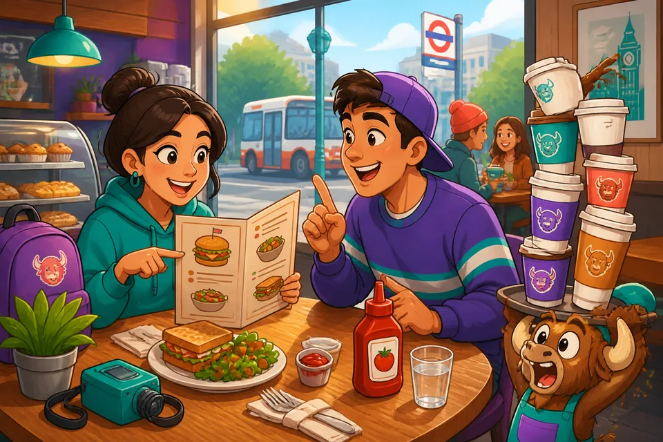 Two people ordering at a restaurant in German: asking recommendations, ordering, and requesting extras.