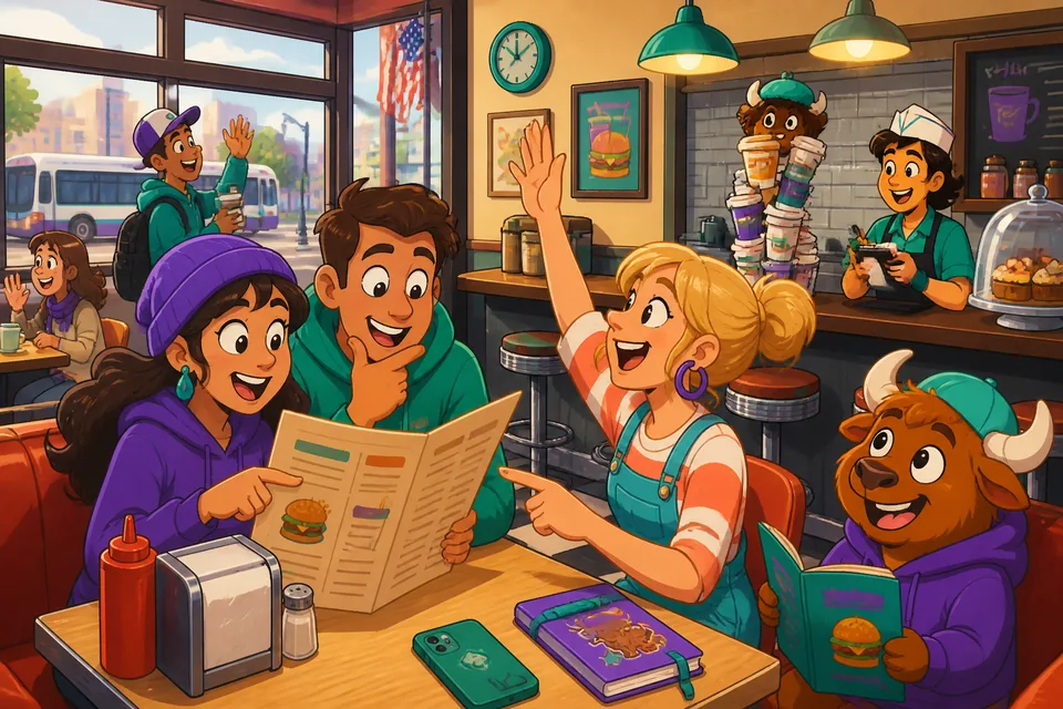 A friendly café scene for German learners focused on ordering food and asking questions about dishes.