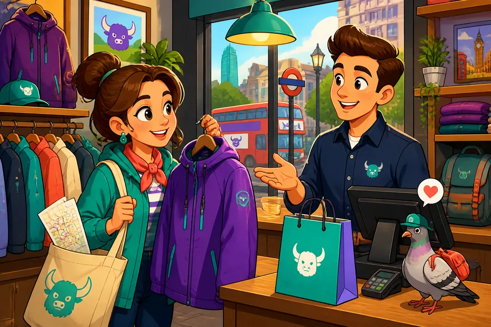 Two people in a shop speaking German: asking where an item is, trying it on, and completing the purchase.