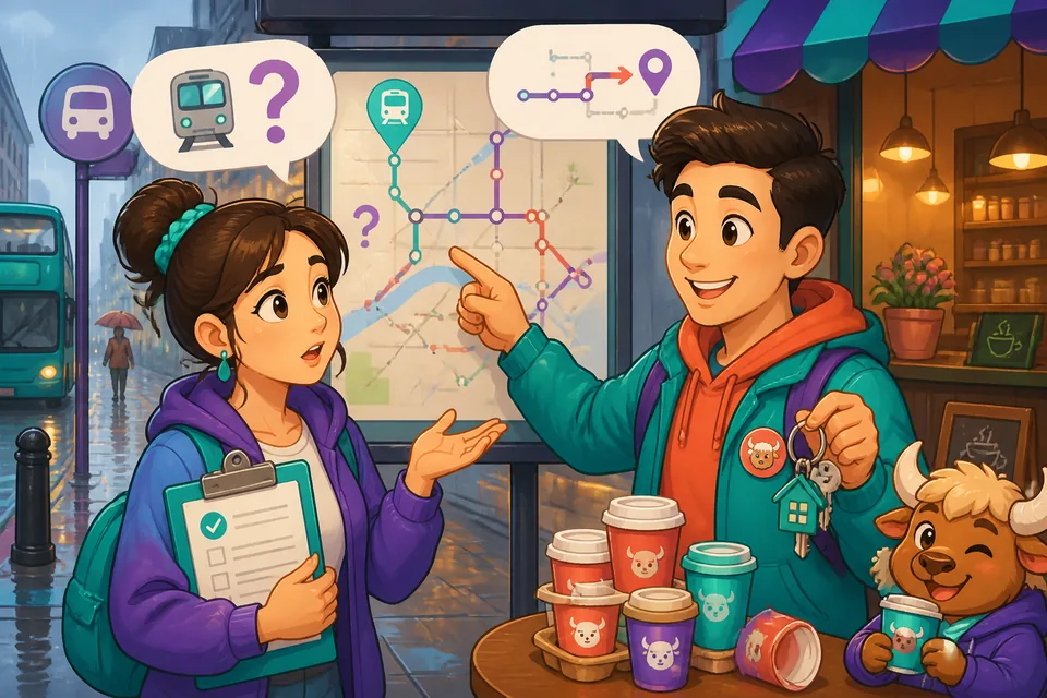 Two people talking in German at a street corner, showing how to ask and give directions.