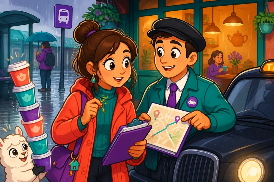 A map and a person holding a phone, practicing common German questions for finding places.