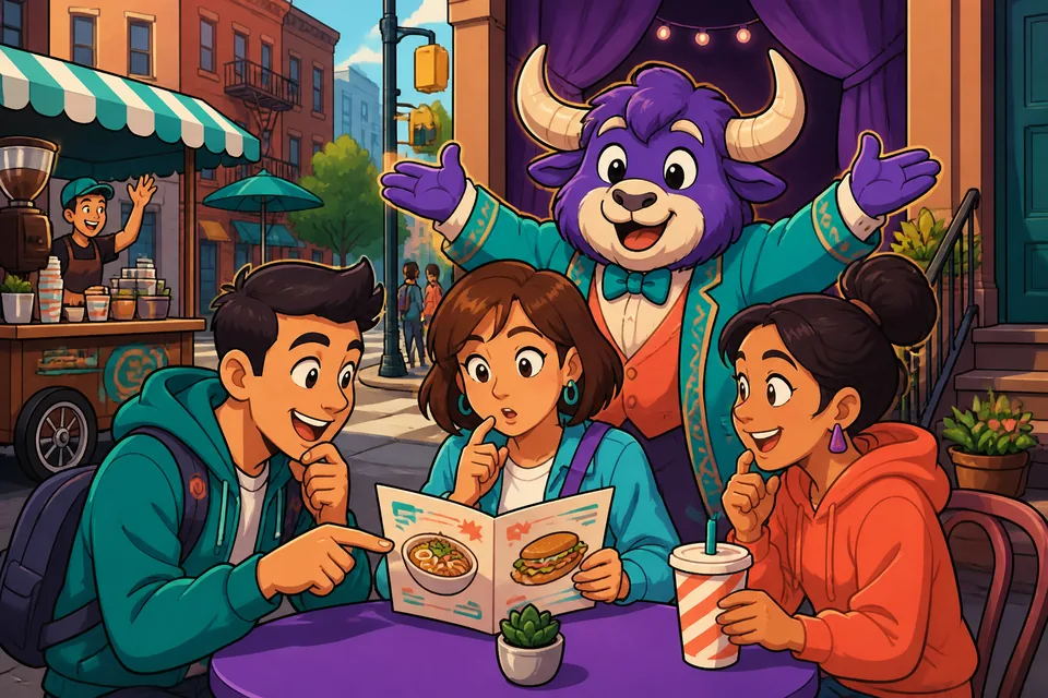 A friendly street scene illustrating German direction phrases like 'Geh bis zu ___' and 'Nimm die erste ___'.