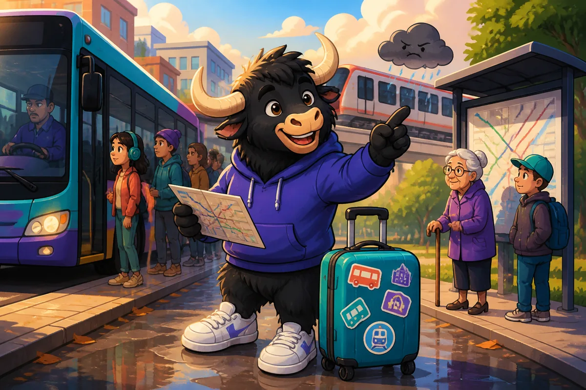 Learner at a German train station, practicing public transport phrases in German.