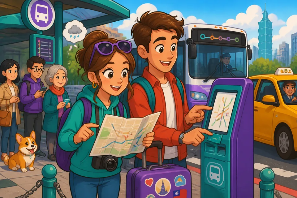 Anna and David talking at a station, asking which bus and where to get off, with clear transport signage visible.