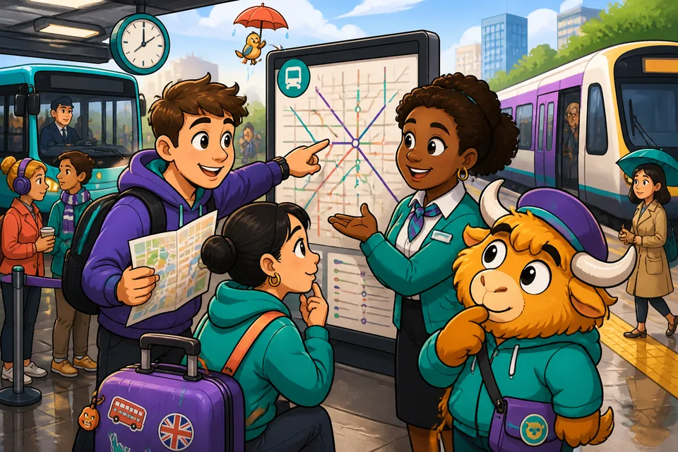 Two travelers at a bus stop in Germany asking about buses, tickets and stops in German.