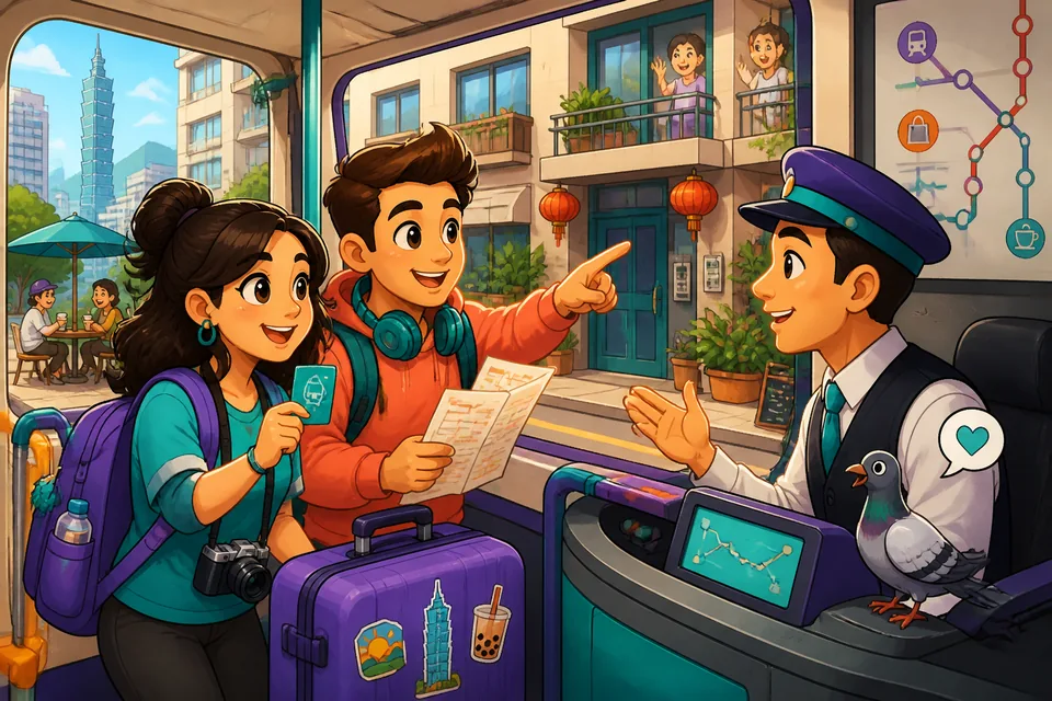 Two travelers speaking on a tram: one asks to be let off and the other offers help, illustrating transit conversation phrases.