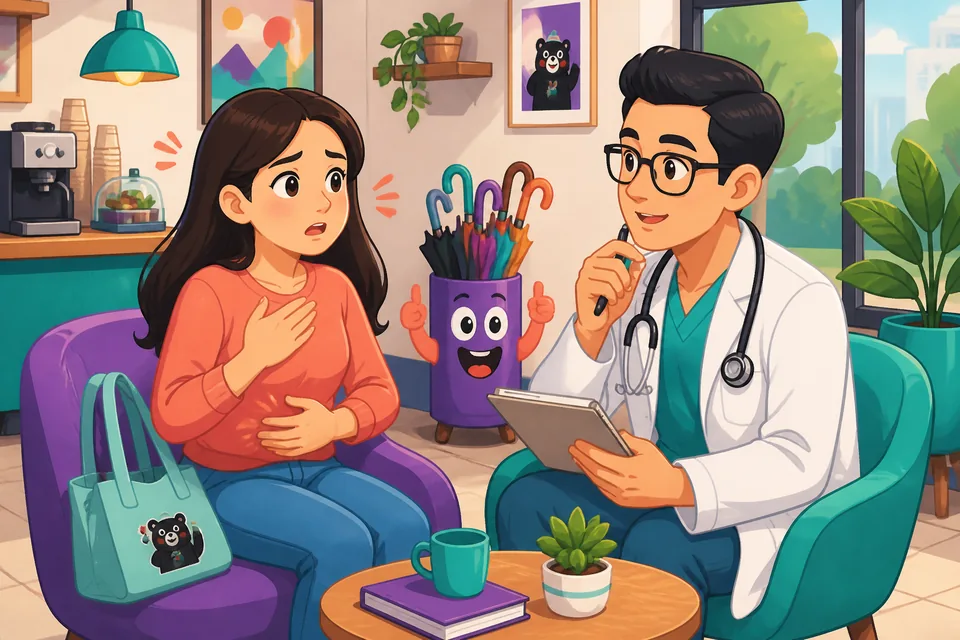 Two people (Anna and David) speaking German about ongoing symptoms and asking if it is serious.