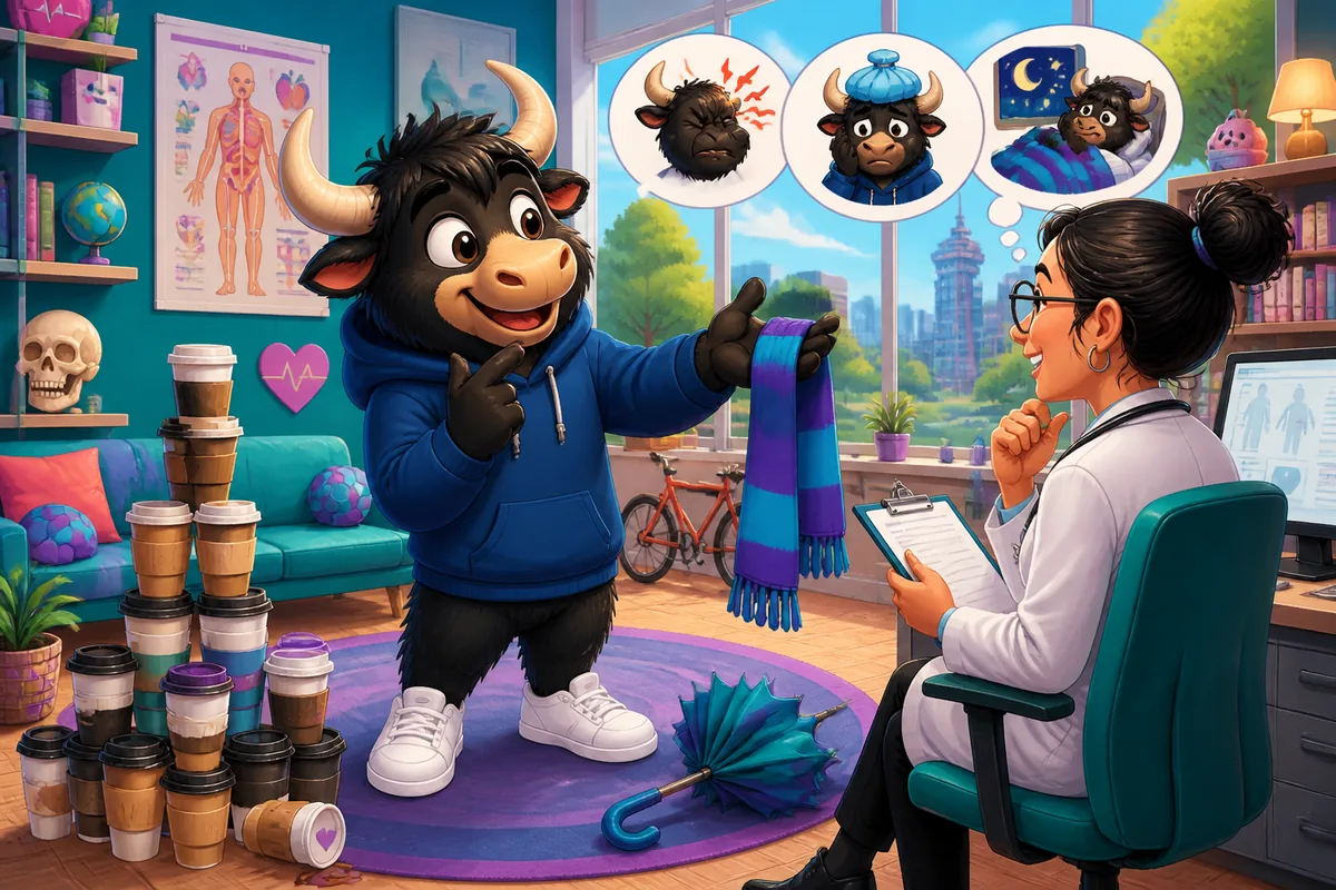 A friendly doctor visit scene for English learners practicing German medical phrases about symptoms and follow-up.