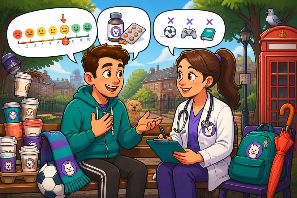 Close-up of a short doctor–patient conversation, showing how to ask about tests, side effects, and when to return.