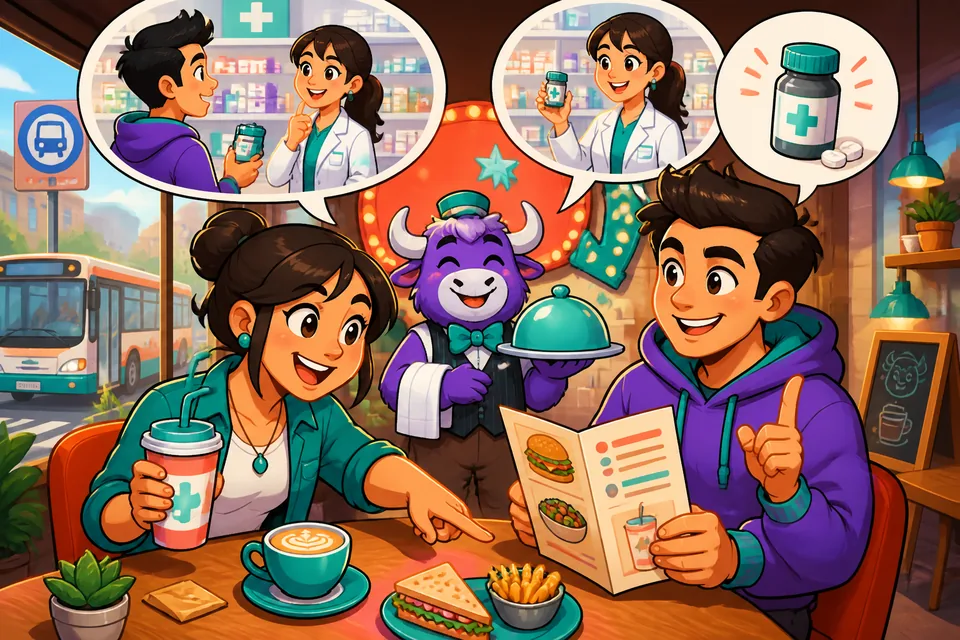 Two people speaking in a pharmacy: asking for medicine, dosage, and whether a prescription is needed.