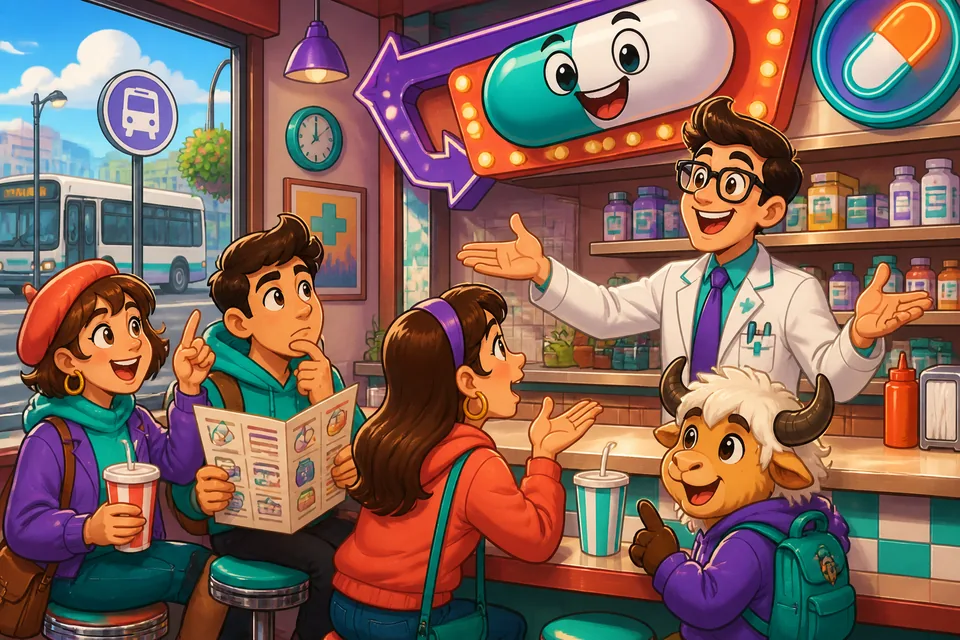 A friendly scene of a person entering a German pharmacy to ask for medicine and prescriptions.