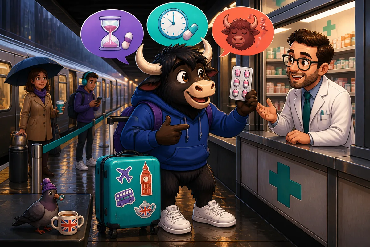 Learner at a pharmacy counter practicing German phrases about prescriptions and doses.