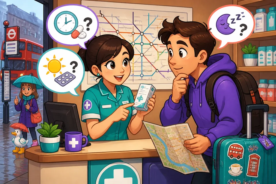 Two people talking at a pharmacy counter using German phrases about how to take and store medicine.