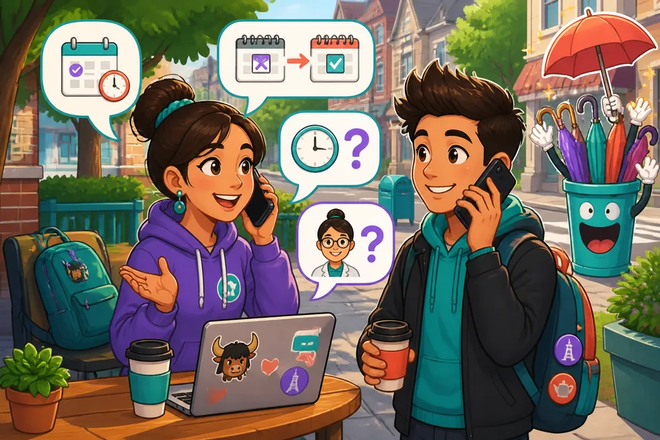 Two people (Anna and David) talk on the phone to arrange and check the details of an appointment in German.