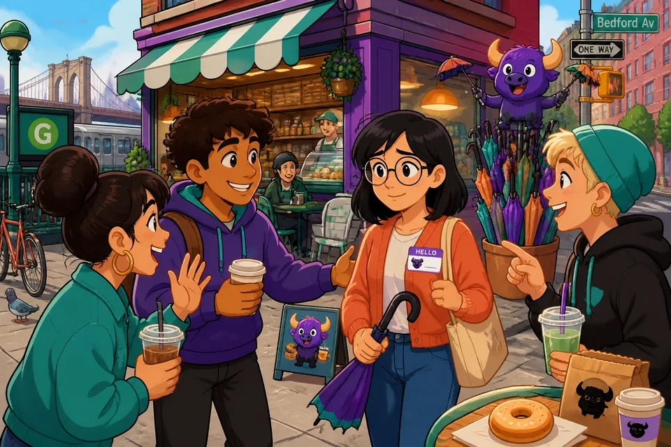 A friendly meetup scene showing introductions, asking where someone lives, and why they're at the event.