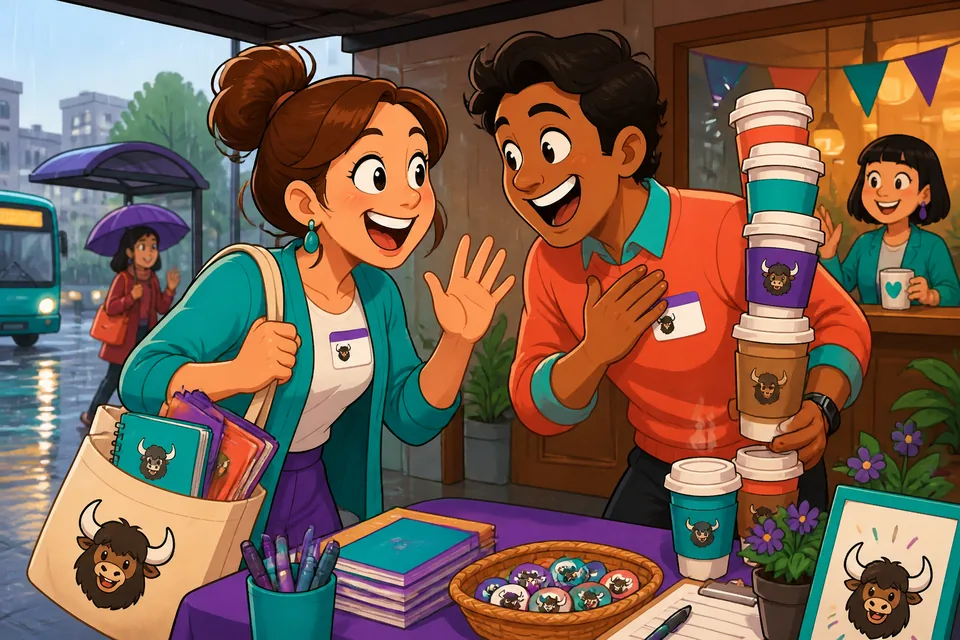 Two office coworkers smiling and starting a casual conversation about their day and weekend in German.