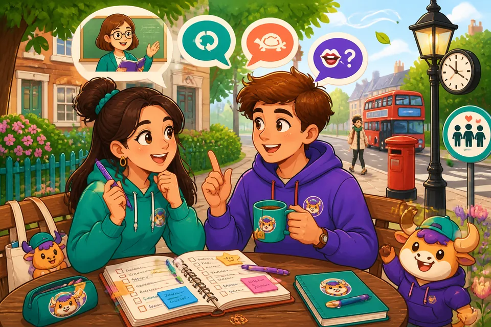 Anna and David role-play classroom phrases, asking for permission and clarification.
