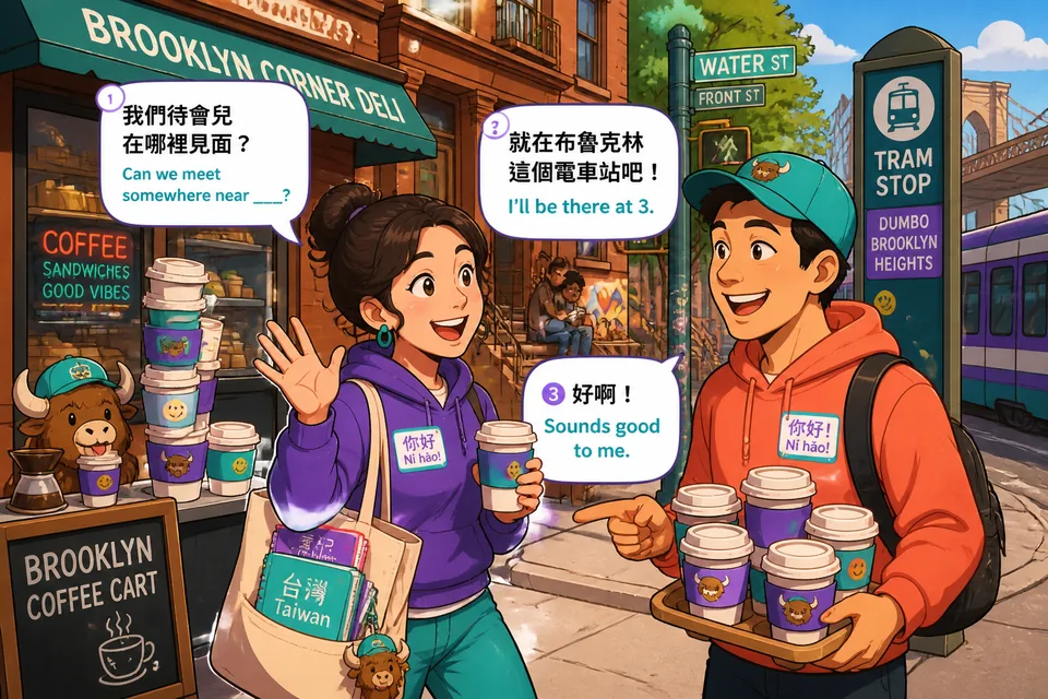 Anna and David standing outside a café, using German phrases to decide when and where to meet.
