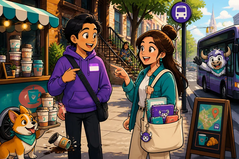 A small scene near a train station: two friends discuss meeting times and places in German.