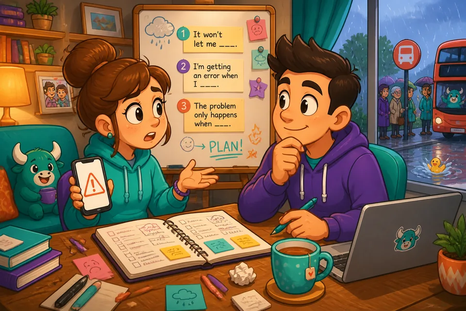 Anna shows David the error on her laptop while using target German problem phrases.