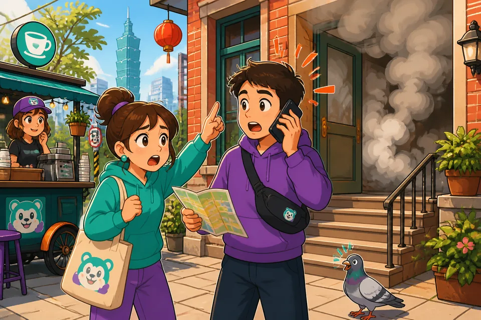 Anna and David talk urgently about a fire and an injured person, practicing emergency German phrases.