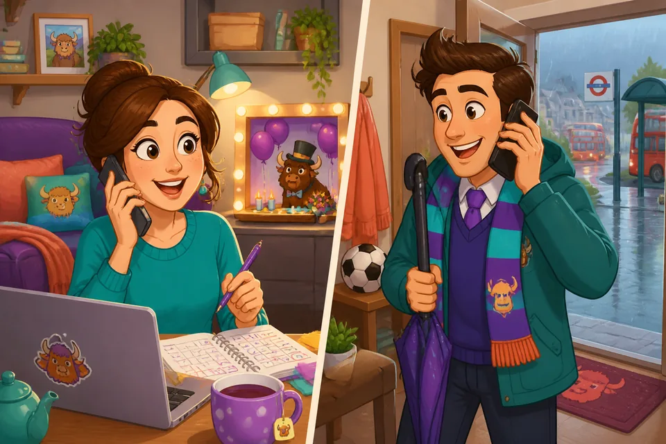 Two people on a phone call practicing typical phrases like asking someone to hold and checking the connection in German.