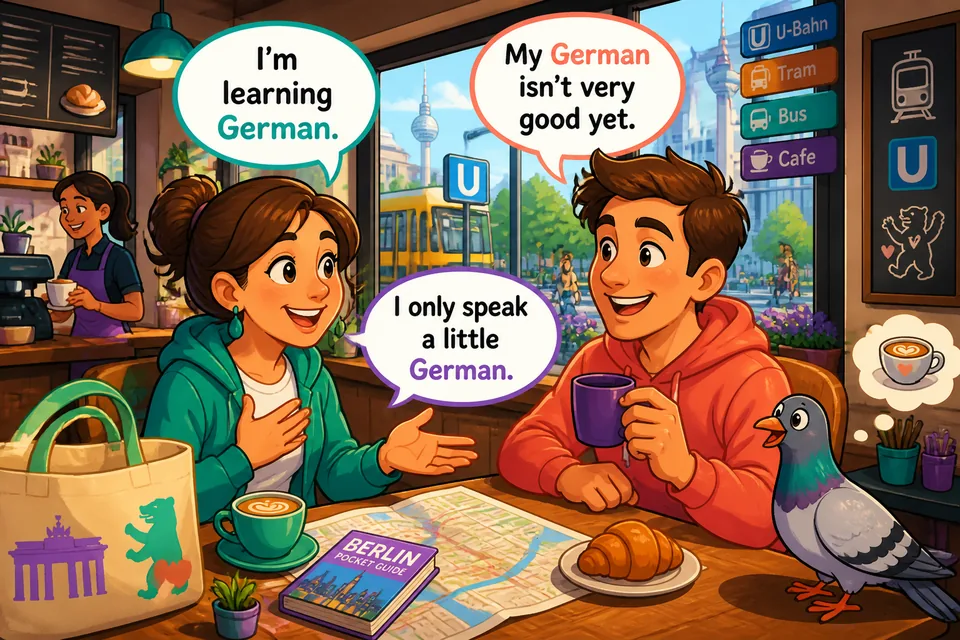 Anna and David chat about language learning; scene shows how to say 'Ich lerne Deutsch.' and related lines.