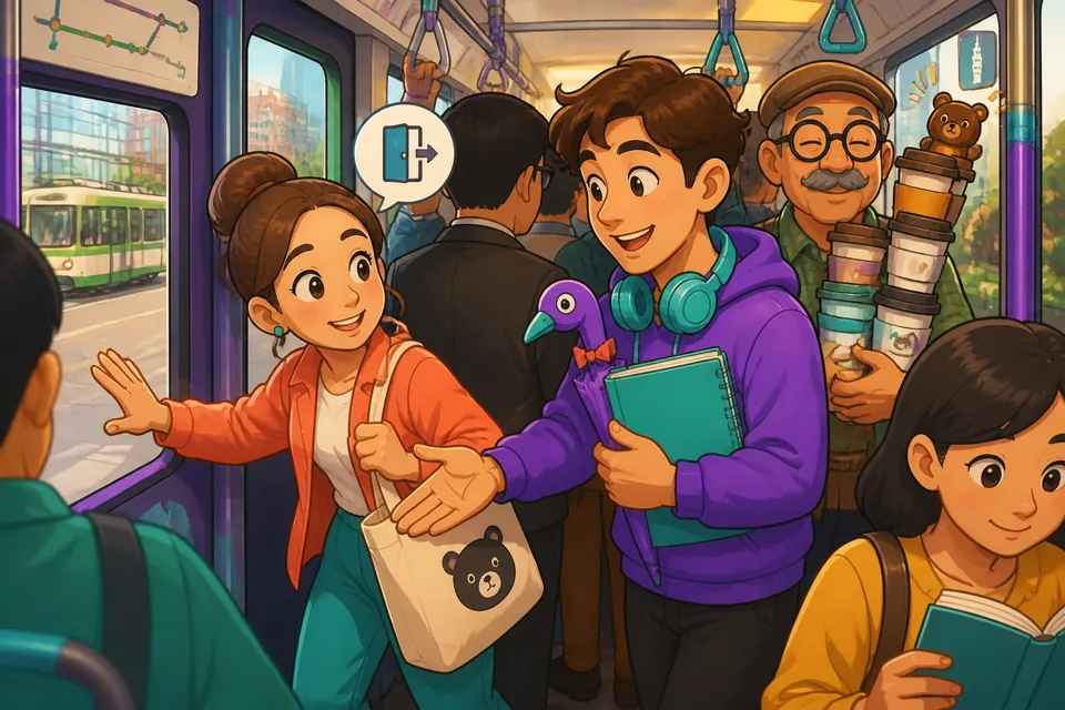 Two people on a crowded train: one politely asks to pass using a short German phrase.