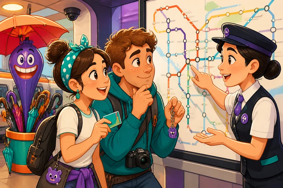 Two travelers at a bus stop in Germany asking about lines and where to get off.