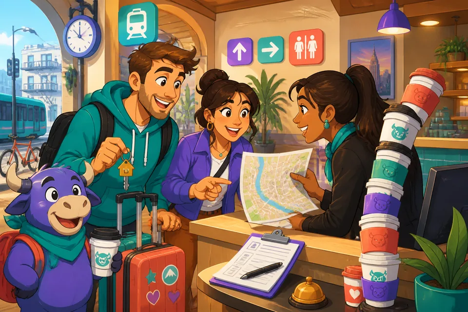 Two travelers at a busy station practicing how to ask for the exit and restroom in German.