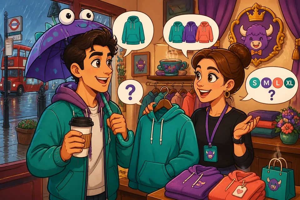 Two people in a fitting room area practicing short German phrases for asking to try things on and deciding whether to buy.