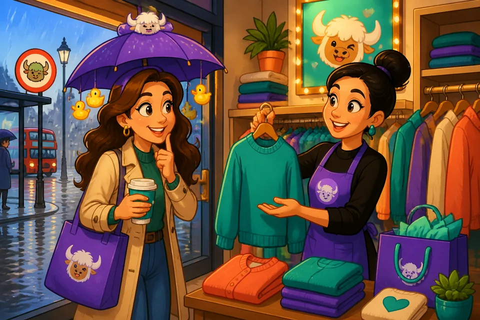 A friendly shop scene in Germany where a customer and assistant use common shopping phrases for trying on clothes and asking about sizes.