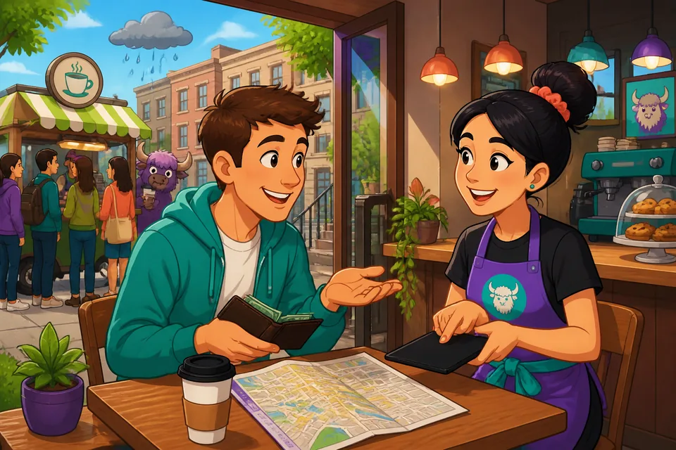 Two diners decide how to pay their bill and use 'Stimmt so.' when leaving a tip.