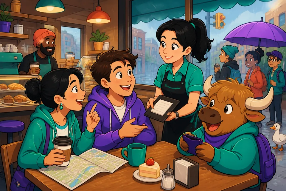 A friendly café scene in Germany where people ask for 'Die Rechnung, bitte.' and choose 'Getrennt, bitte.' or 'Zusammen, bitte.'