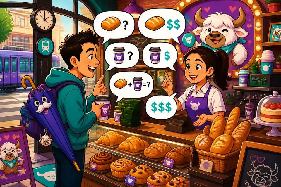 Two people at a bakery using German price phrases and payment questions during a short conversation.