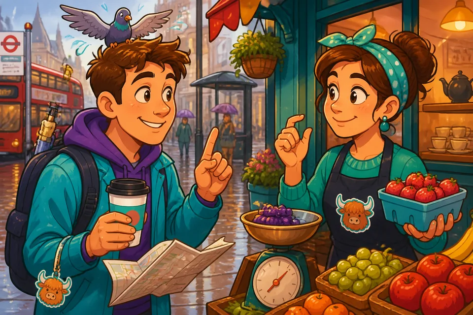 Close-up of a shopper and seller practicing phrases like "Ich nehme ..." and "Kann ich mit ... bezahlen?" in German.
