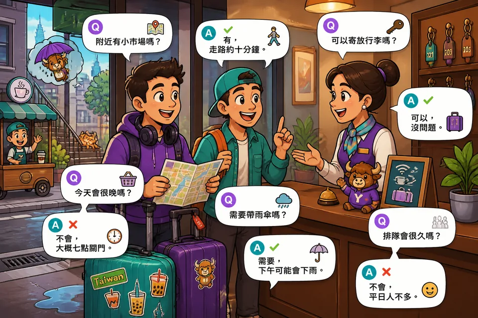 Two people asking and answering short German yes/no questions in a market setting.