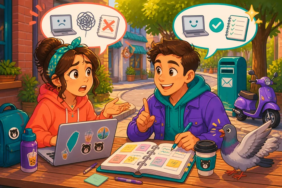 Two people speaking German about a broken machine and being lost — listening practice for A1 learners.