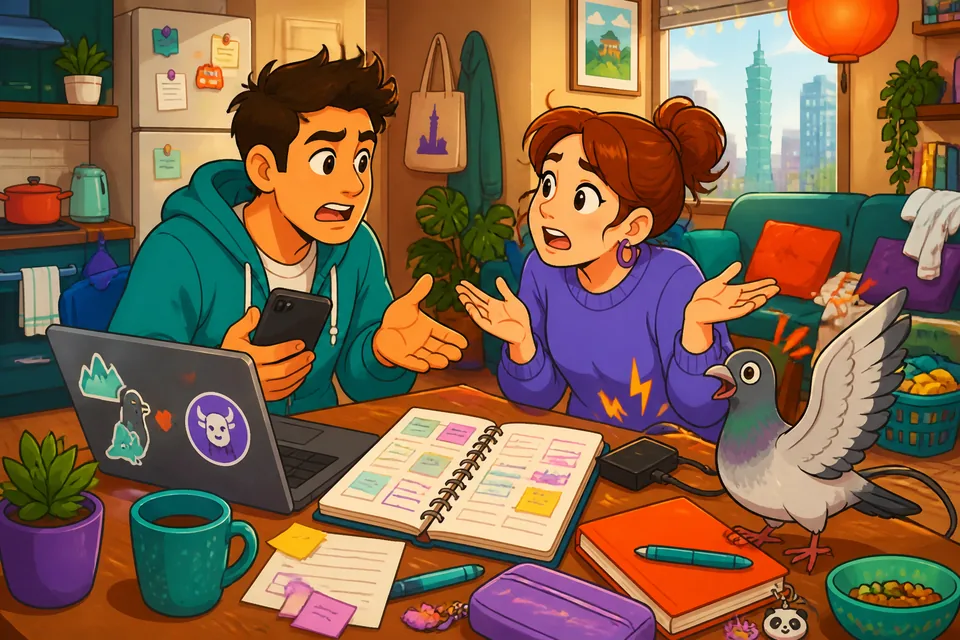 A traveler and a helper practicing basic German problem statements like 'Ich habe ein Problem' to ask for help.