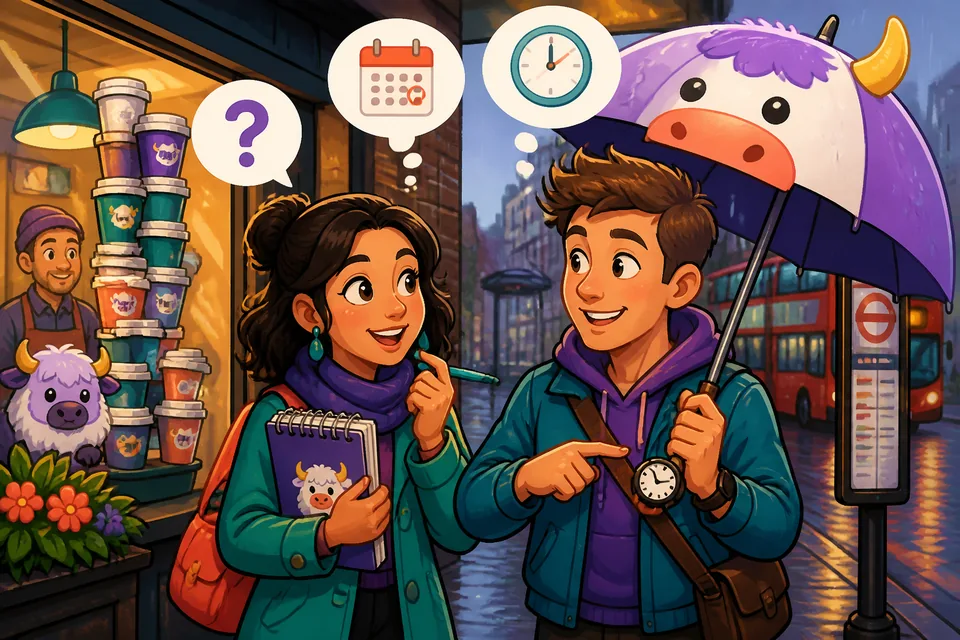 Two people planning an event and using German question frames to ask what, when and what time.