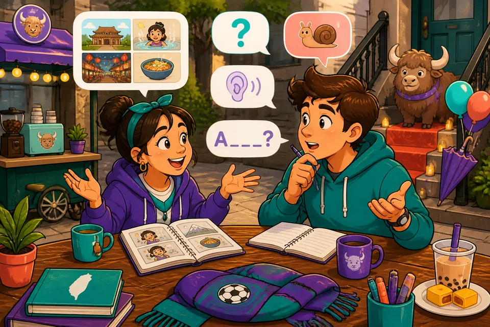 Two people practicing follow-up questions in German: asking when, where, who, and how to spell a word.