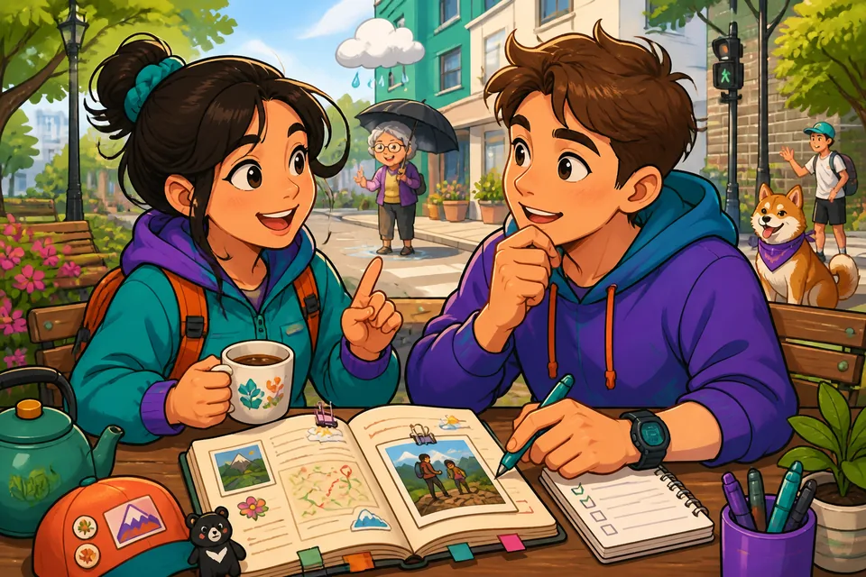 Anna and David chatting in German; they use follow-up questions to learn more about each other's experiences.
